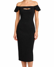 Express Black Off Shoulder Sheath Midi Dress M Stretch Cutout Ruffle Zip