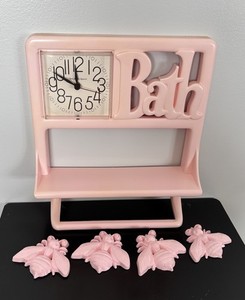 Vtg Burwood Products Pink “Bath” Clock Shelf Towel Bar + 4 Bees Wall Decor 70s