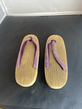 Japanese Vintage Sandal Wooden soles w/ Purple White Thongs 9 Inch See Descripti