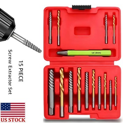 15x Screws Bolt Extractor Set W/ Reverse Drill Bit Ez Out Stripped Screw Nut Set