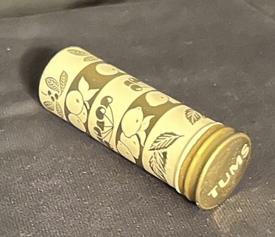 Vintage TUMS Metal Tin Cylinder Tube Push-up Bottom Medicine Dispenser - Empty