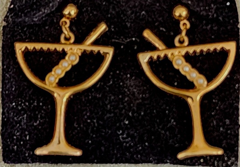 Vintage Avon Gold Tone New Years Dangle Martini Earrings Faux Pearl