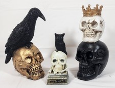 Gothic Halloween Decor Lot of 3 Resin Skull Raven Owl Crown Figurines