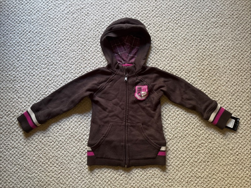 NIKE New Girls 4 Small Brown Long Sleeve Hoodie Large Pink Crest Logo NWT $40