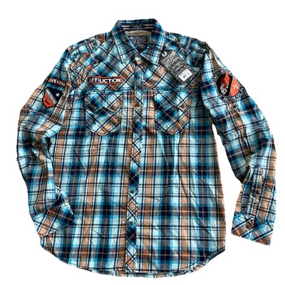 New AFFLICTION Navy Live Fast Seek Destroy Blue Plaid Cotton Shirt Sz L MSRP:$88