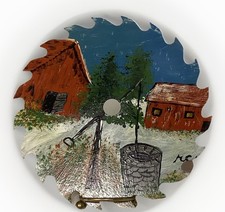 Vtg Handpainted 7  Circular Saw Blade Old Barns Pine Trees Water Bucket Signed