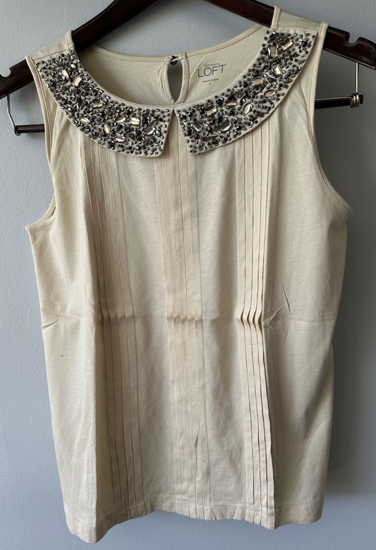 Loft Sleeveless Pleated Beaded Collar Woman Top Size Beige 