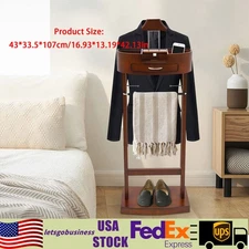 Modern Wood Suit Rack Freestanding Clothing Valet Stand Brown For Home Indoor US