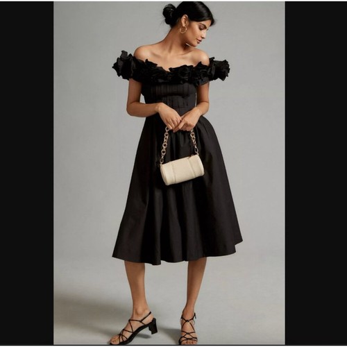 Maeve Ruffled Neckline Off Shoulder Pleated Corina Midi Dress Anthropologie