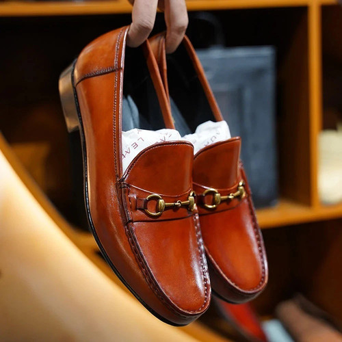 Handmade Leather Loafers Brown Texture Horsebit Buckle Formal Shoes
