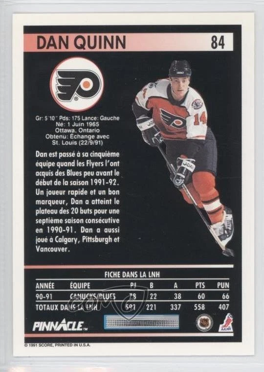 1991-92 Pinnacle French Dan Quinn #84 - Image 2 of 2