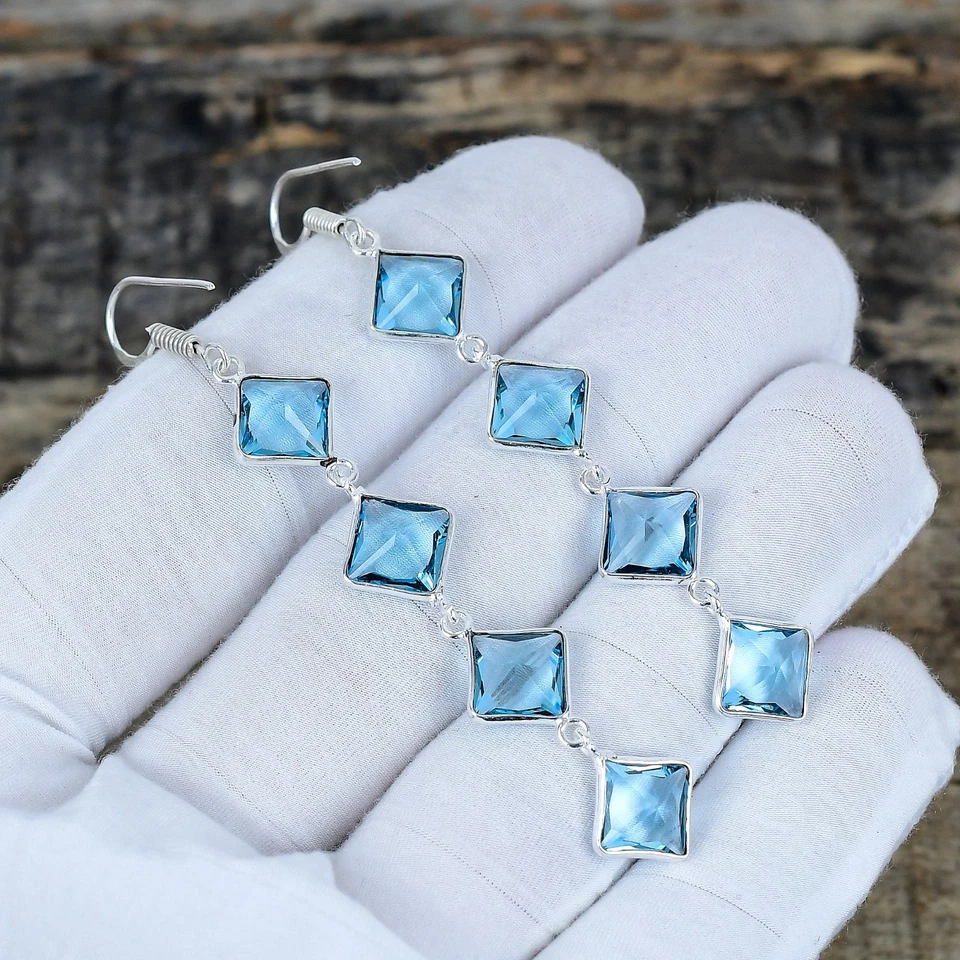 Unico Topazio Blu Gemma 925 Argento Sterling Mano Gioielli Orecchino per Regalo - Immagine 4 di 4