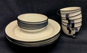 18 pc. Set White with Blue Trim Enamelware Metal Dinner Plates,Bowls & Cups