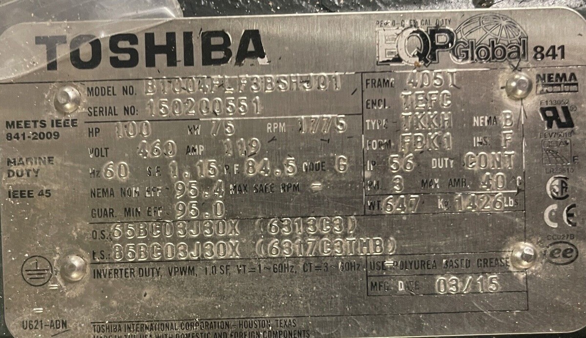 B1004FLF3BSHJ01 TOSHIBA 100HP 1800RPM 405T TEFC 460V MOTOR | eBay