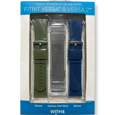 WITHit Band Kit for Fitbit Versa, Versa Lite Versa 2 (3-Pack) Silver/Olive/Navy