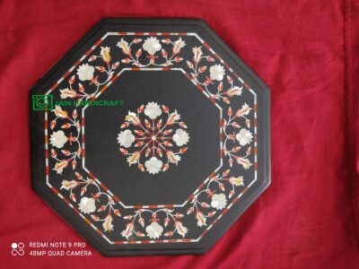12'' Black pietra dura Marble Table Top Center Coffee Mosaic Lapis Inlay Room