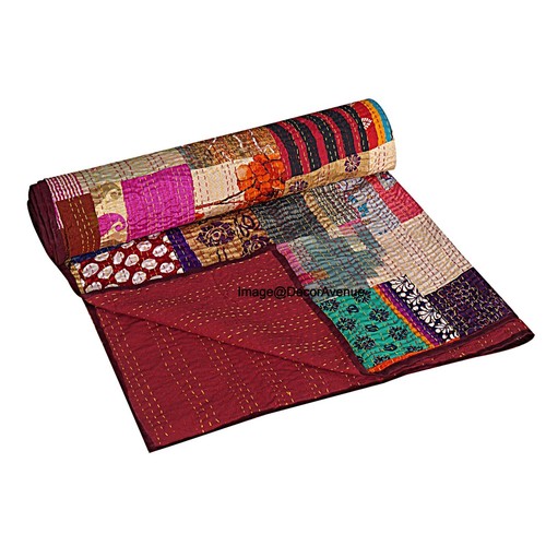 Indian Handmade Silk Patchwork Kantha Quilt Bohemian Bedspread Blanket Throw - 第 2/7 張圖片
