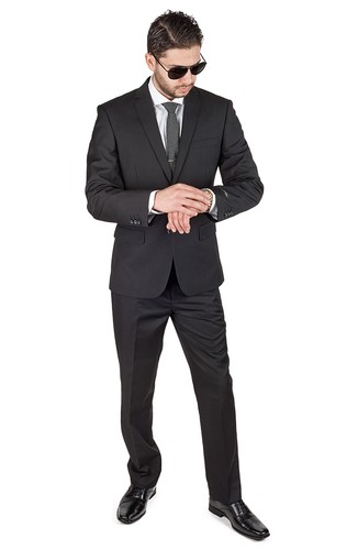 Slim Fit Men Suit Solid Black 2 Button Flat Front Pants Fitted Style By AZAR MAN - 第 1/8 張圖片