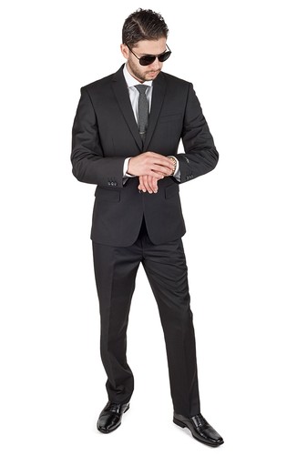 Slim Fit Men Suit Solid Black 2 Button Flat Front Pants Fitted Style By AZAR MAN - Afbeelding 1 van 8