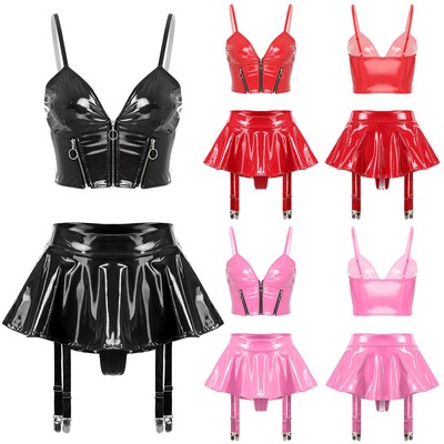 Women's 2Pcs PU Leather Outfits Crop Tops with Adjustable Garter Belts Skirts
