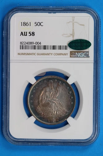 1861 50C Seated Liberty Seated Half Dollar NGC AU58 CAC Color Toned Type Coin