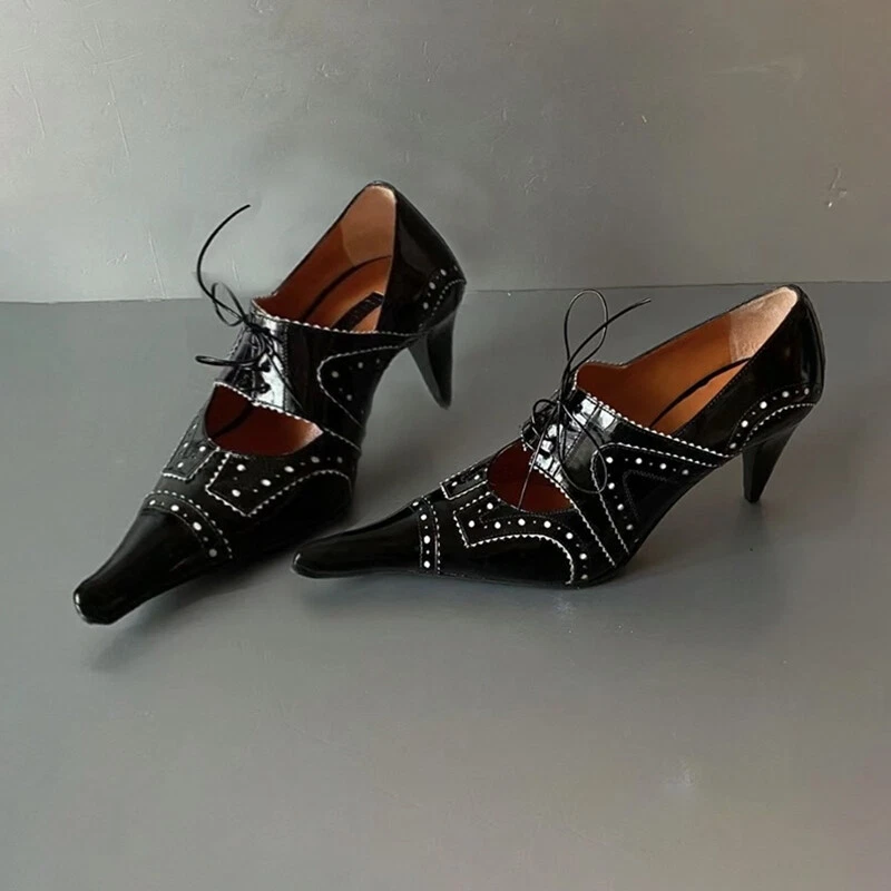 Retro Estilo Americano Pasarela Mujer Punta Cuero Real Con Cordones Tacón Alto Talla Foto 2 de 4