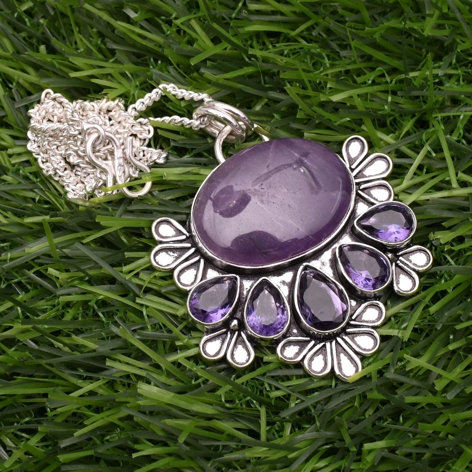 Ciondolo ametista in argento sterling 925 con pietre preziose fatte a mano 2,15" - Immagine 2 di 4