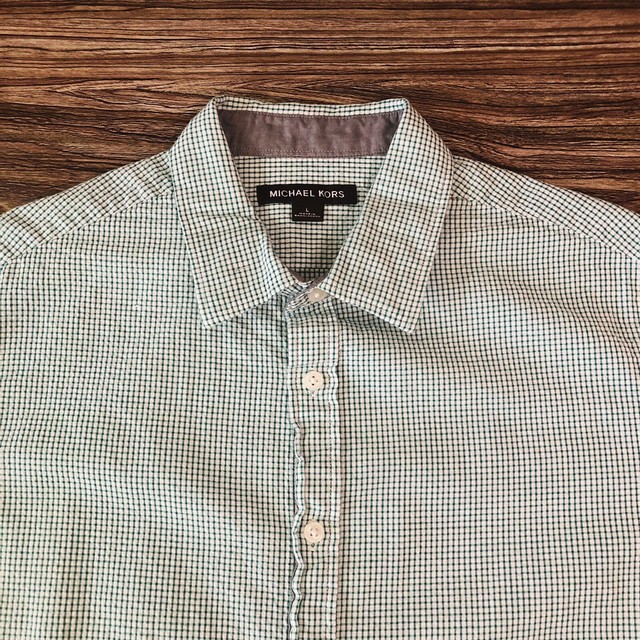 Michael Kors Mens Shirt White Button Down Gingham Amazon Green Size XL