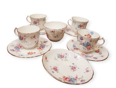 4er Set Hammersley & Co Bone China Floral Teetassen & Untertassen mit Zuckerdose