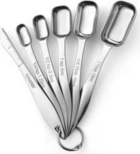 Stainless Steel Measuring Spoons Set of 6 with Leveler, Rectangular Metal Teaspo