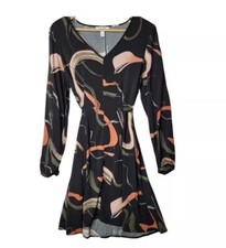 Nine West Short Black Belted Shift Dress Pink Coral Swirl Pattern Long Sleeve XL