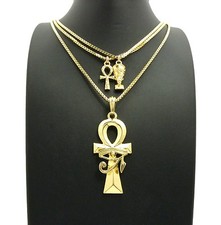 Egyptian Mini Nefertiti, Ankh, Ankh Pendant 20",24" Box Chain 3 Necklace Set