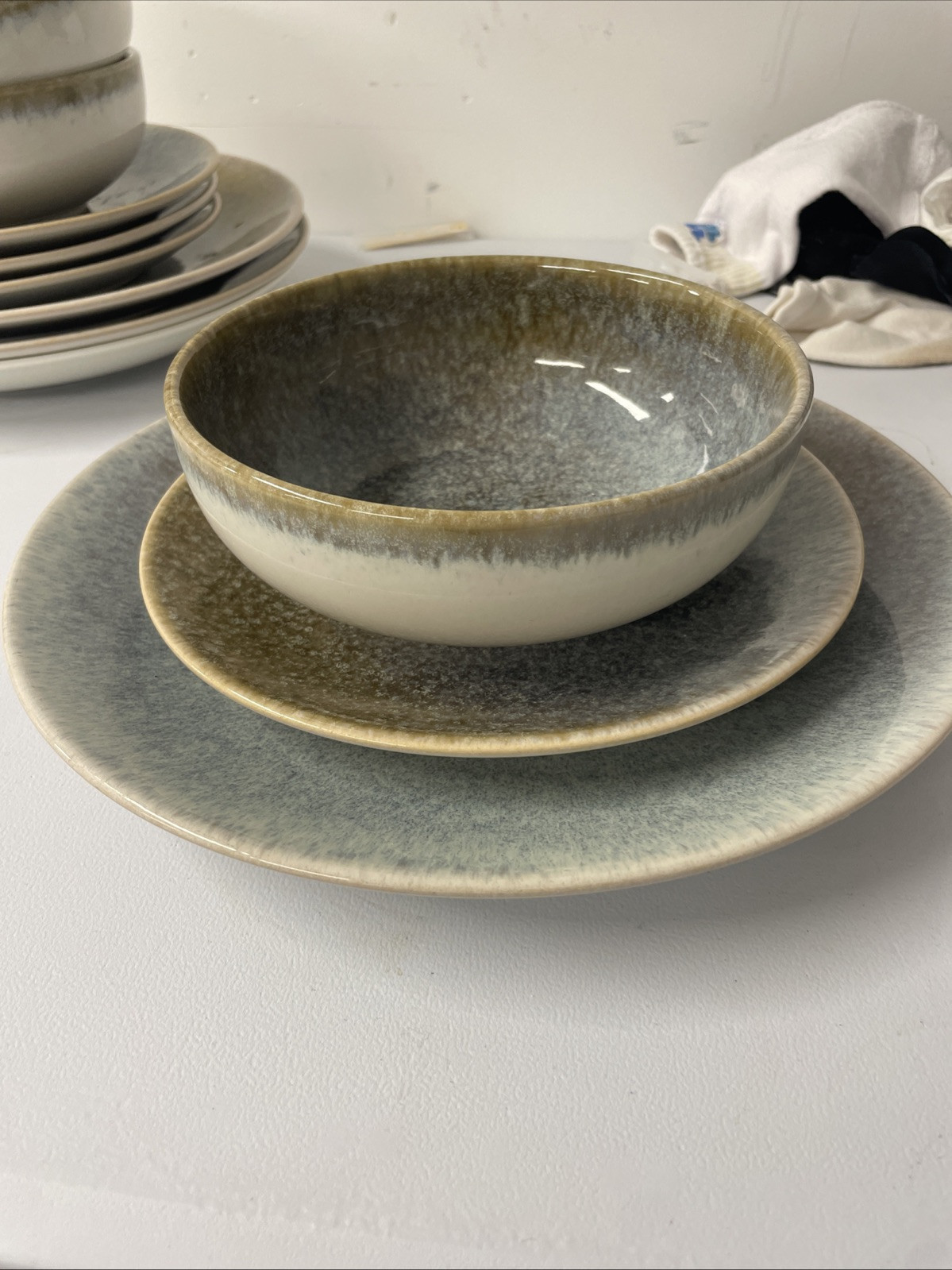 12-Piece White, Green-Blue Speckled Ceramic Dishware Set