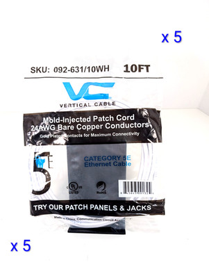 5 x Vertical Cable Category 5e Ethernet Cable Mold Injected Patch Cord - 10Ft