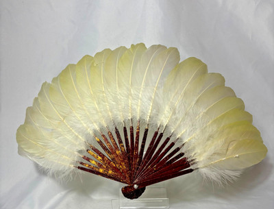 Vtg White Feather Folding Fan Gold Specked Red Lacquered Sticks China 1950-1980