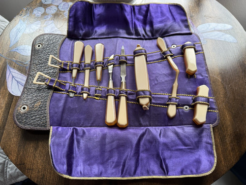 Antique Art Deco French Ivory Celluloid Travel Manicure Grooming Set in Leather