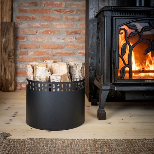 Kosz na drewno kominkowe 33 x 26 cm metal czarny malowany proszkowo belka drewniana ze wzorem - Zdjęcie 10 z 19