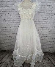 VTG Bridal Originals Ivory Floral Lace Sheer Overlay Train Wedding Dress USA 8