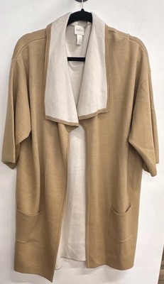 Chico's Knit Cardigan Sweater Beige Acrylic Wool Blend Open Front Pockets Size 3
