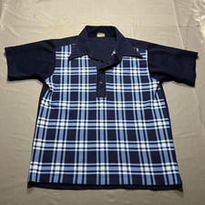 Vtg JCPenney Disco Mens L Plaid Dagger Collar Navy Blue Check Polo Bowling