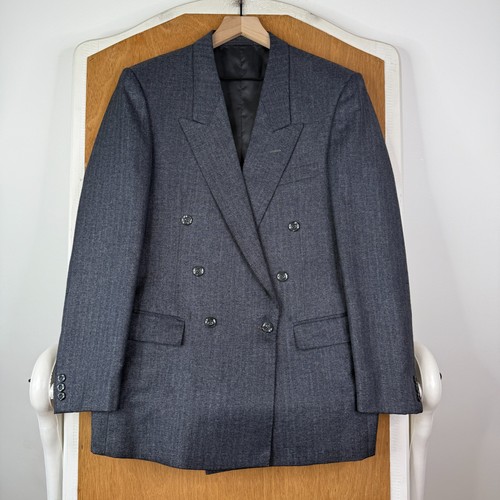 VINTAGE Double Breasted Suit Mens 38R Gray Bespoke Canvas Cotton Pants 30x30 - Picture 2 of 20