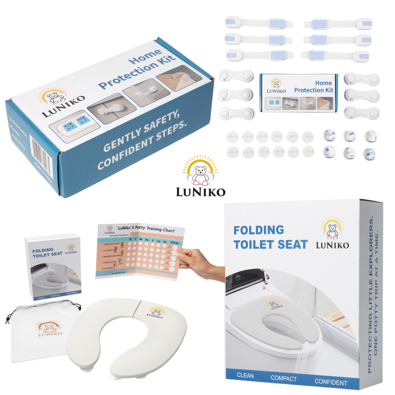 LuNiko Home Safety Kit + Folding Potty Seat Gray CPC Certified Montessori Chart