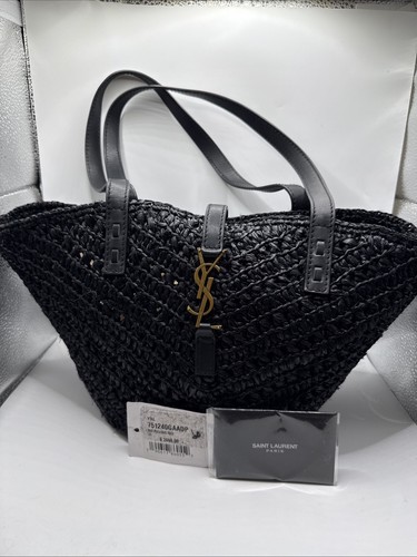 SAINT LAURENT Small Panier Raffia Tote Bag Black YSL Gold Hardware NEW WITH TAGS