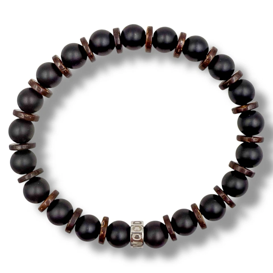Pulsera de cuentas de piedras preciosas y madera para hombre - Madera Blacktop - Joyería elástica hecha a mano Foto 3 de 4
