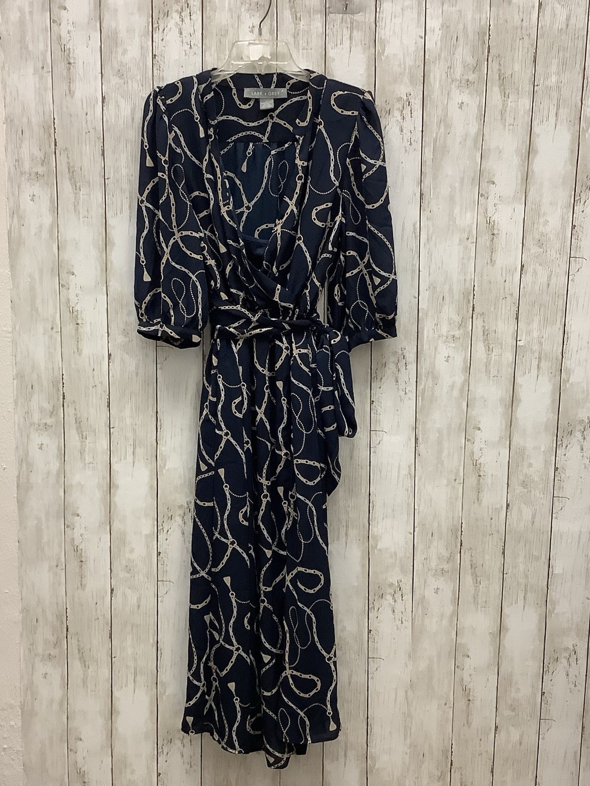 Lark & Grey Size 14 Navy Blue Chain Link Print Belted Wrap Midi Dress Career