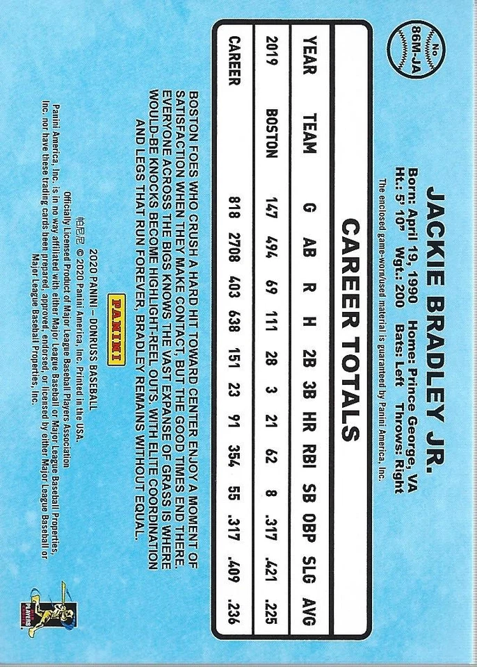 2020 Donruss Retro '86 Materials #14 Jackie Bradley Jr. Jersey - BB - Image 2 of 2