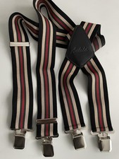 Men  s Braces, Heavy Duty, Black Green Red Tan Stripe, Clip, 2 Ins Wide X Style