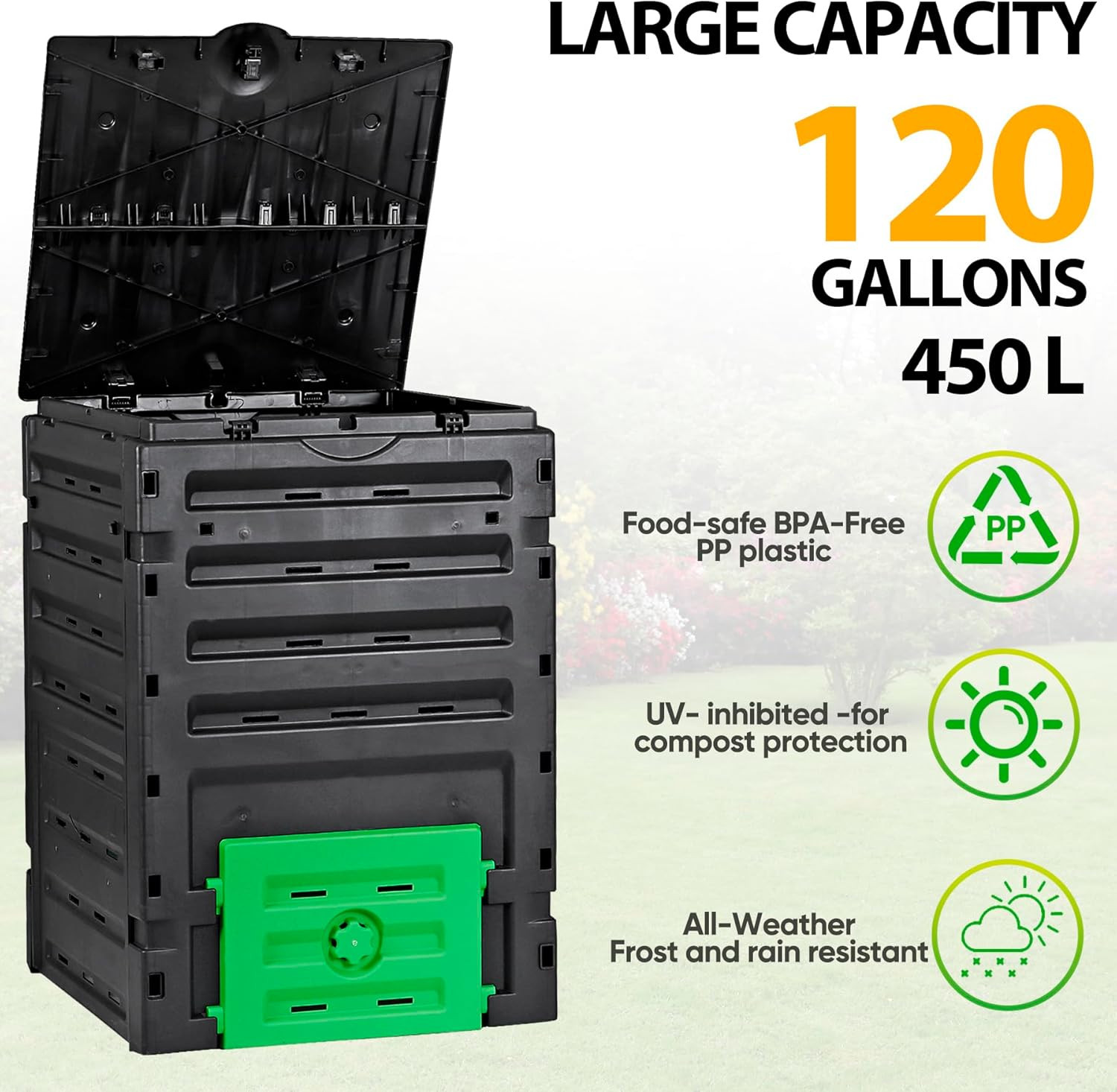 120 Gallon (450L) BPA Free Garden Compost Bin - Easy Assembly, Aerating Outdoor 