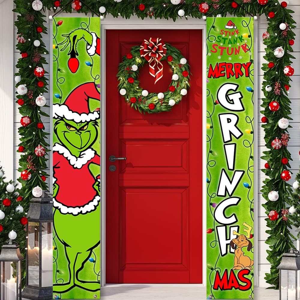 Grinchmas Türabdeckung 'Merry Grinchmas' | 90x180 Cm | Polyester, Wasserdicht | Weihnachtsdekoration Für Tür & Wand