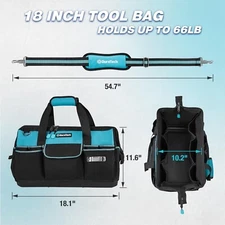 18Inch Large Tool Bag w/Waterproof Hard Bottom Heavy Duty w/19 Pockets Polyester